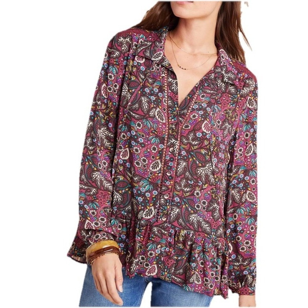 Maeve Anthropologie SZ 6 Janie Flounced Peasant Button Up Floral Paisley‎ Blouse